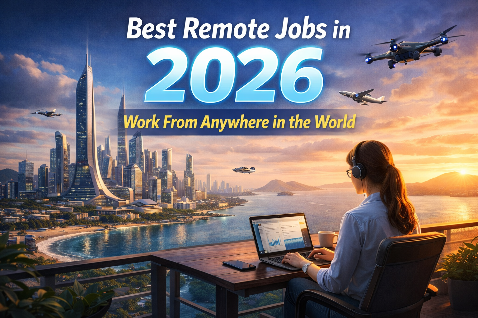 woman working remotely in 2026 on balcony with futuristic city view, flying cars, and sunset - best remote jobs from anywhere in the world