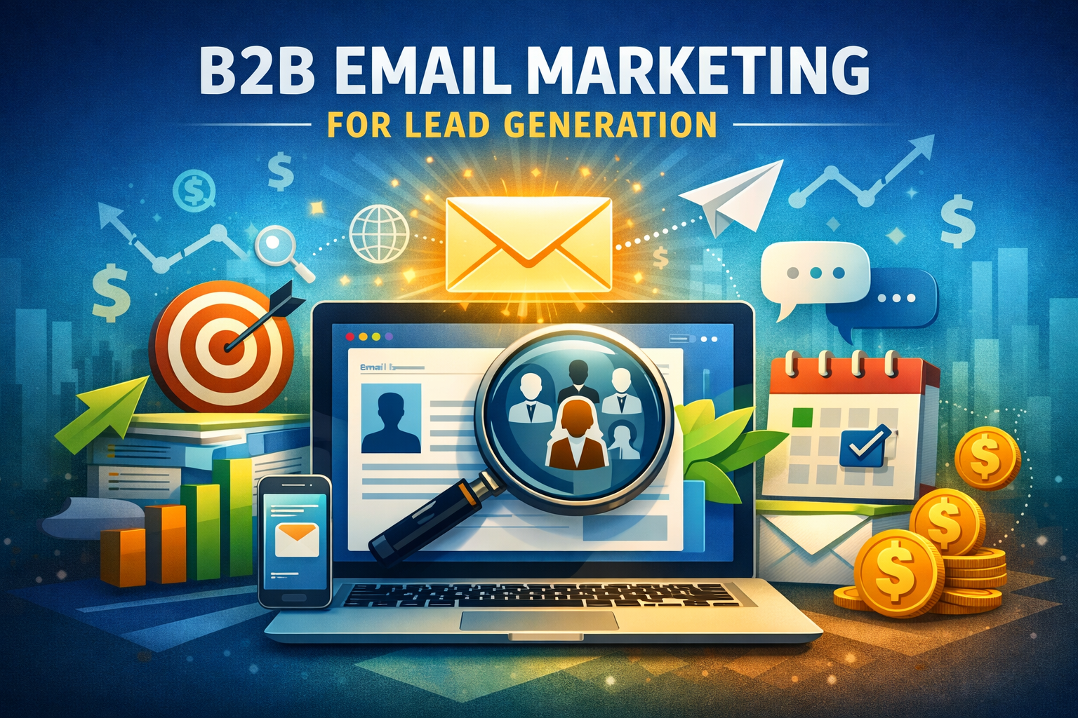 B2B email marketing illustration showing lead generation process with targeted prospects and email outreach